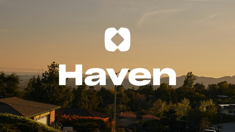 Haven Energy logo displayed over residential rooftop landscape at sunset