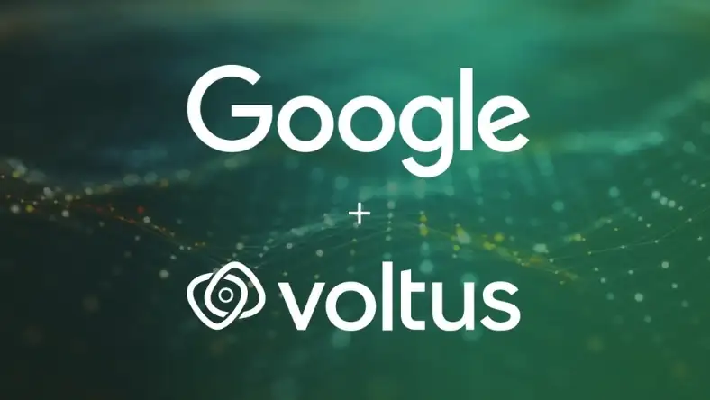 Google and Voltus logos separated by a white plus sign on a dark green abstract data network background