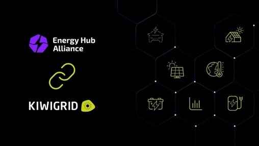 Energy Hub Alliance and Kiwigrid logos with smart energy and storage icons
