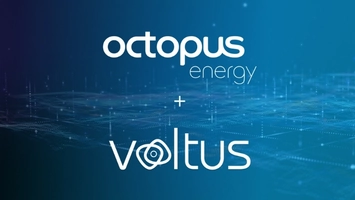 Octopus Energy plus Voltus partnership logo pairing on a deep blue digital data visualisation background